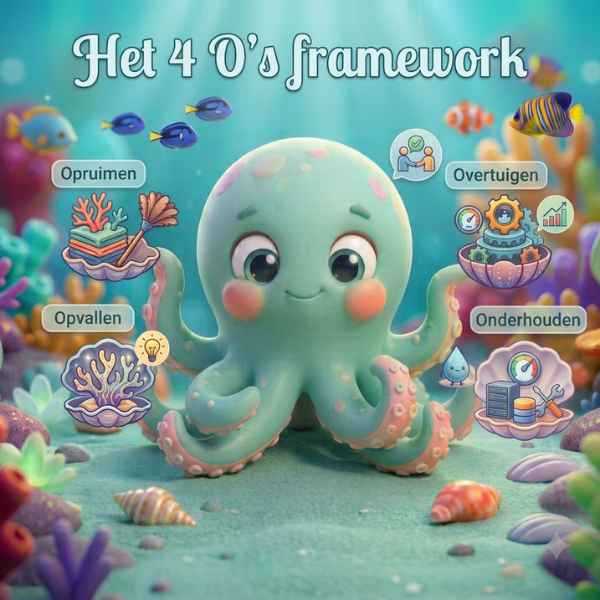 Het 4 O's framework van Online Octopus voor je website gaat over opruimen, opvallen, overtuigen en onderhouden
